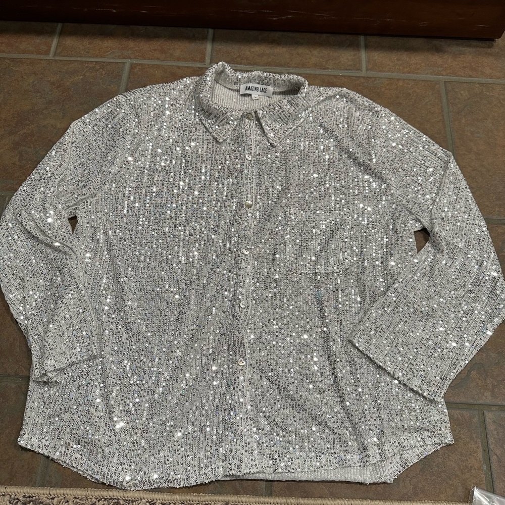 All Over Silver Sequin Button Up - image 1